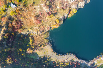 Drone view of the quarries on a sunny autumn day beautiful, fascinating landscape