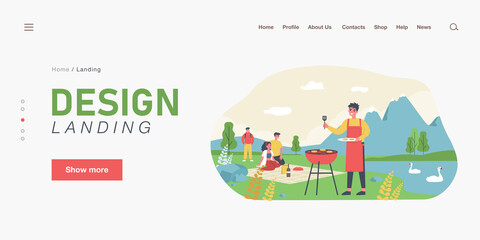 Happy family having picnic in mountains. Man in apron grilling meat near lake with swans flat vector illustration. Outdoor activity, holiday, picnic concept for banner, website design or landing page
