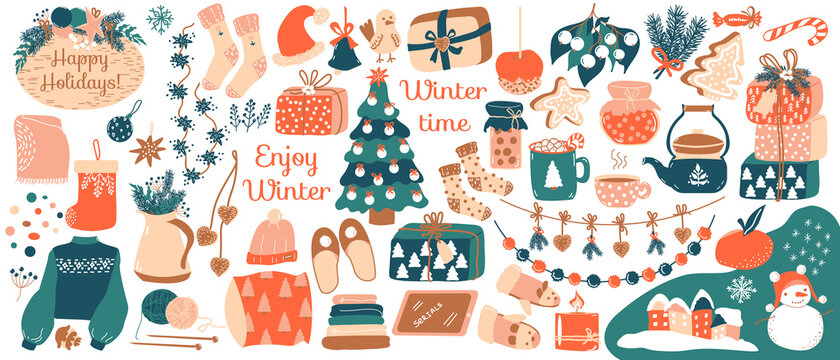 Winter set. Vector items of hand drawn elements of clothes, kitchenware, gift boxes, garlands, gingerbread, candy, christmas toys. Trendy objects for cozy winter time