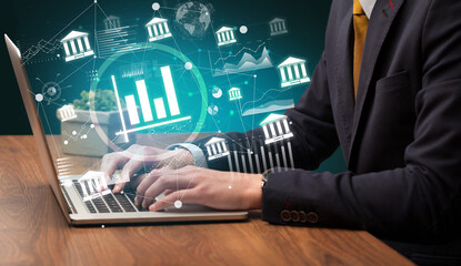 Business hand working on laptop, successful business concept