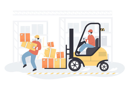 Factory accident with worker and forklift driver in warehouse. Man carrying boxes, falling from unsafe hit of loader flat vector illustration. Injury at workplace, compensation, insurance concept