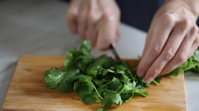 Home made cooking, person cutting green coriander on wooden cutting board.