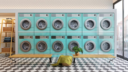 Laundry shop interior with seat and washing machines.3d rendering