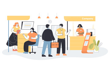 Business exhibition with visitors and expo workers. People visiting company presentation, exposition or show of products flat vector illustration. Tradeshow, marketing event in business center concept