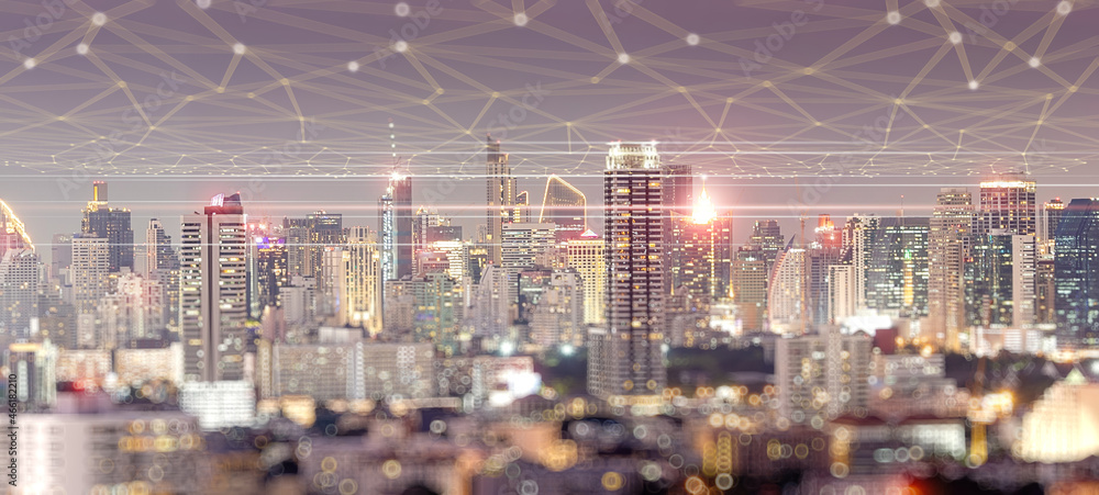 Poster 5G smart wireless digital city and social media networking systems.Concept of smart digital city with globalization abstract graphic showing connection network .