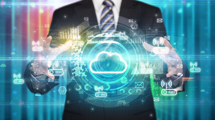 Businessman holding technology icon concept