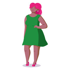 Body positive woman flat style. Femal Plus size in green dress. Vector illustration on white background, isolated