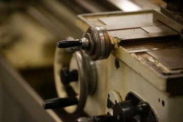 Fototapeta na wymiar Old metal lathe machine, retro machine background.