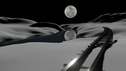 A railway along a river in a snowy valley at full moon night (3D Rendering)