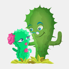 Cactuses cute kawaii vector character. Plant with smiling faces. A couple of cacti. Funny emoji, emoticon set. Isolated cartoon color illustration