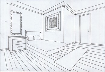 sketch of interior of a room in two point perspective