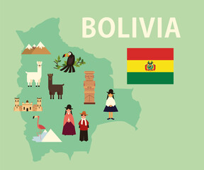bolivia map and culture - obrazy, fototapety, plakaty