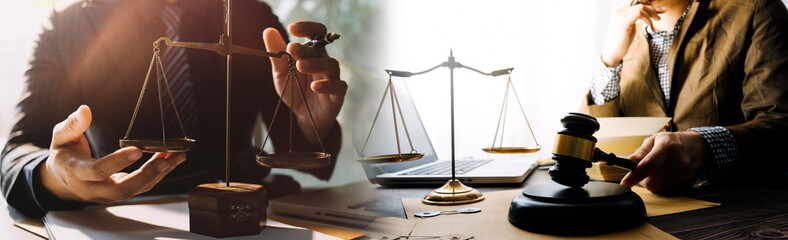 Business and lawyers discussing contract papers with brass scale on desk in office. Law, legal...