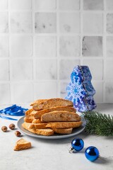 Biscotti with nuts. Delicious cantucci cookies. Cantuccini. Traditional italian homemade Christmas...