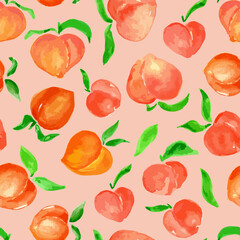 Watercolor peaches with leaves surface seamless repeat pattern. Random placed, hand drawn vector fruits all over print.