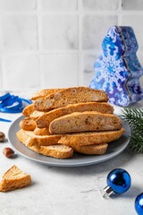 Biscotti with nuts. Delicious cantucci cookies. Cantuccini. Traditional italian homemade Christmas...