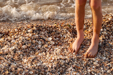 Children's feet, stained in the sand, stand on a seashell beach with a sea wave in the background on the setting sun