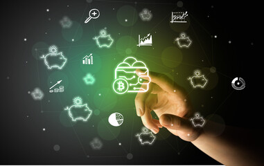 Businessman finger touching on screen multimedia interface with hand drawn currency icons