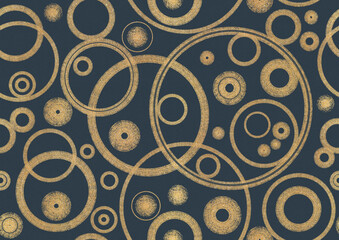 Abstract seamless pattern - overlapping circles. Golden glitter on blue fabric texture. Digital art, A3.