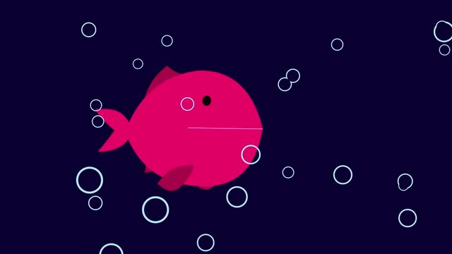 Big fish eating little fish on dark background with bubbles. Cartoon business metaphor. Large and small. Seamless loop.