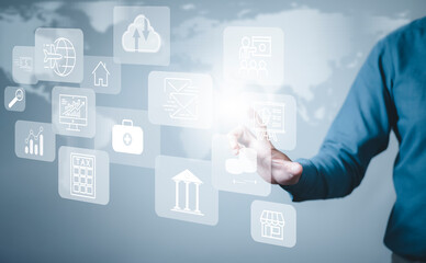 Businessman touchscreen on the graph Screen Icon of a media screen, Technology Process System Business with Communication and marketing concept, Team success, HR Human, Business success