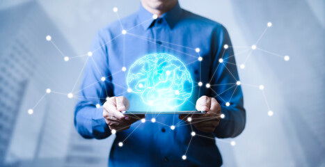 Concept of business ideas and data storage, Businessman hand touching Virtual reality man with symbol neurons in the brain, network connection on glitter bright lights blue background,