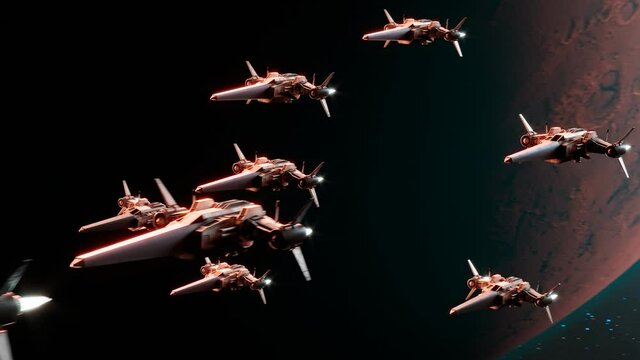 Fighters go for the war mission. Small spaceships flying above the alien planet.
