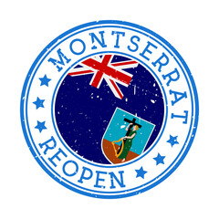 Montserrat Reopening Stamp. Round badge of country with flag of Montserrat. Reopening after lock-down sign. Vector illustration.