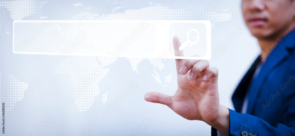 Poster businessman clicking internet search page on a computer touch screen or blank search bar, internet a