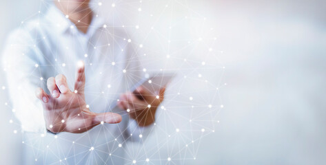 Businessman touchscreen on the graph Screen Icon of a media screen, Technology Process System Business with Communication and marketing concept, Team success, HR Human, Business money success.