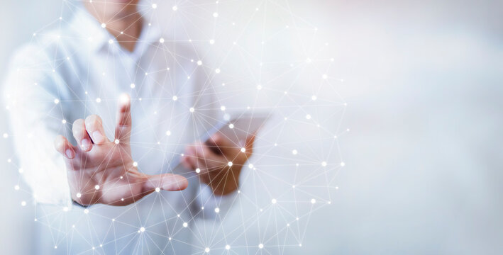 Businessman touchscreen on the graph Screen Icon of a media screen, Technology Process System Business with Communication and marketing concept, Team success, HR Human, Business money success. - Powered by Adobe