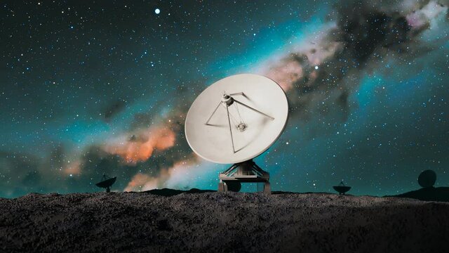 Amazing night sky landscape with satellite dish silhouette. Space observatory.