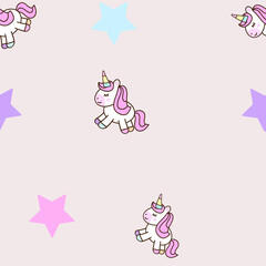 cute pink seamless pattern with unicorn and stars. childish drawing of doodle unicorn on seamless texture for print, textile and background