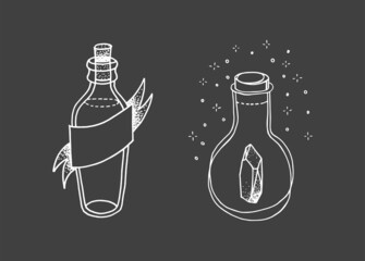 Magic bottles doodle sketch, hand drawn illustration, crystal