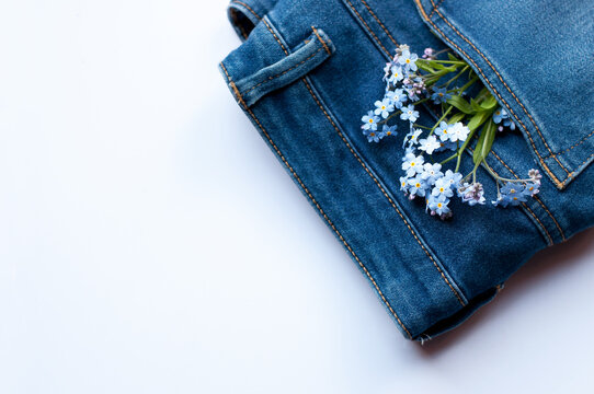 blue small flowers in the jeans pocket in the upper right corner on a white background with space for text