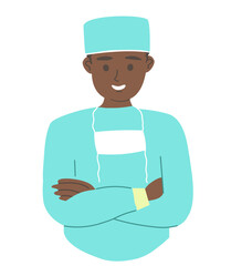 Smiling African-American doctor after surgery. Portrait of a medical worker in uniform and with a mask, , isolated on a white background