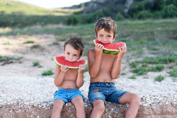 Fototapeta premium Two cute little boys are sitting on a hillock and eating a watermelon. Tourism and travel concept.
