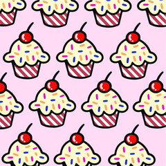 Obraz na płótnie Canvas Cupcakes With Cherry Pattern Background. Cake Vector Illustration.