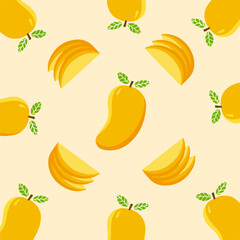 Mango And Mango Slices Pattern Background. Fruit Vector Illustration.