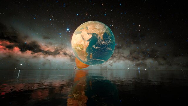 Wonderful animation of the solar system. Planets above the water surface.