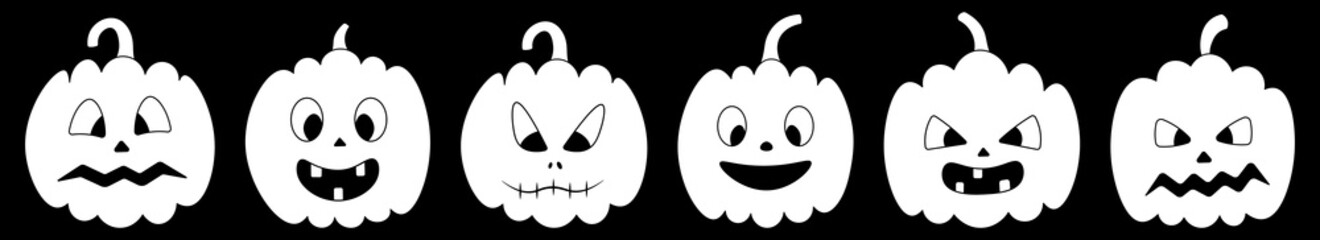 Pumpkin. Pale faces. Ghostly silhouette of a vegetable. Vector collection with a variety of white grimaces. Set of illustrations. Angry, smiling, scared. Isolated black background. Halloween symbol. 