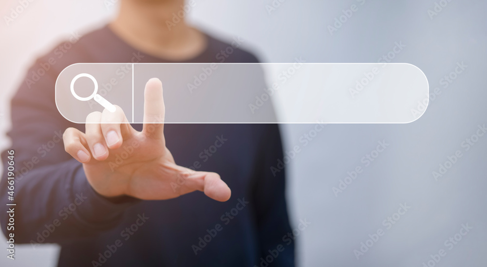 Poster businessman clicking internet search page on a computer touch screen or blank search bar, internet a