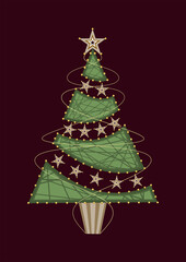 Christmas tree decorated with stars and toy balls. Vector illustration.