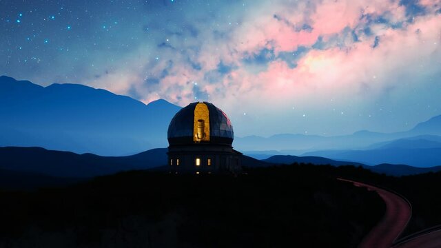A modern astronomical observatory in mountains during the beautiful starry night