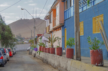 Beautiful historic urban decay building facades in Arica, Chile Old Town Downtown area with churches, cathedrals and ancient houses in romantic side streets backstreet alleys