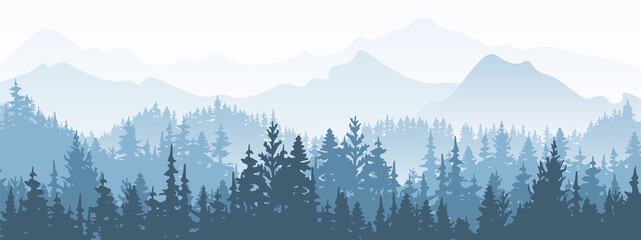 Horizontal banner. Magical misty landscape. Silhouette of forest and mountains, fog. Nature background. Blue and white illustration. ​Bookmark.