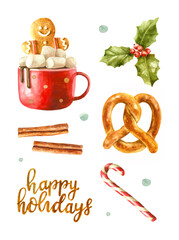 Watercolor illustration, painting. Hand-drawn isolated elements. Hot drink, marshmallows, ginger man in a cup. Christmas holly leaves and berries, cinnamon sticks. Lettering happy holidays, candy cane