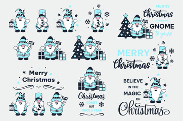 Set of Christmas gnomes. Christmas quotes and sayings. Winter holidays.