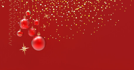 Red with gold balls and serpentine on the sparkling Christmas and New Year background. Nice design for greeting card, festive poster or invitation. 3d illustration, banner.