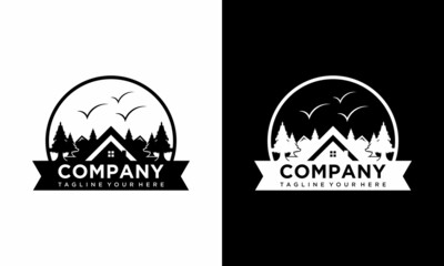 Three House Three Mountain Logo design vector template on a black and white background.